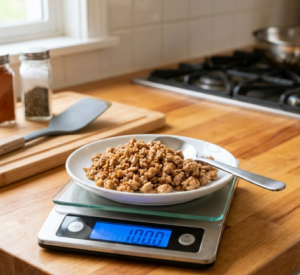 A close-up view of cooked 93/7 ground turkey crumbles on a small plate, resting directly on a stainless steel digital kitchen scale that clearly reads '100.0 g'.