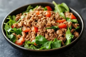 A healthy ground turkey salad bowl with spinach and tomatoes for a daily diet.