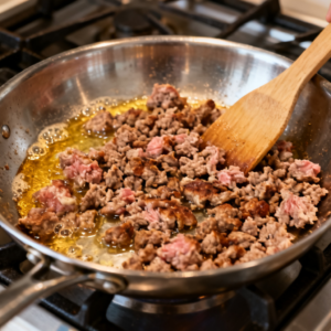 Cooking ground turkey in a skillet until it reaches the safe internal temperature of 165°F.