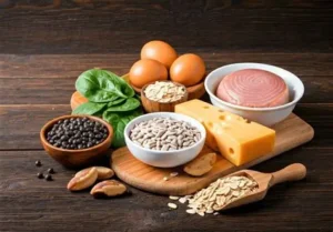 Natural selenium-rich foods, including salmon, eggs, nuts, and spinach, showing dietary sources of selenium and zinc
