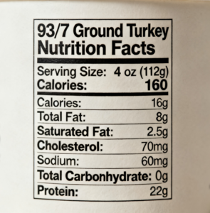 Nutrition facts label for 93/7 ground turkey showing calories, fat, and protein content.