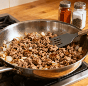 A stainless steel pan on a stovetop showing ground turkey and chopped onions being sautéed with a spatula.
