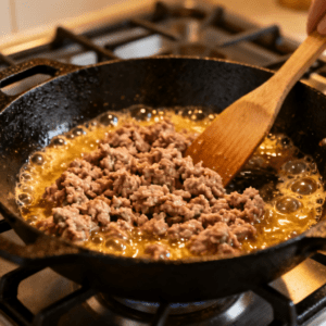 Sizzling ground turkey browning in a black cast iron skillet on a gas stove to show the cooking process and time.