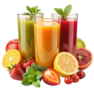 Green, orange, and red fruit juices surrounded by fresh strawberries, citrus halves, and mint leaves on a black background.