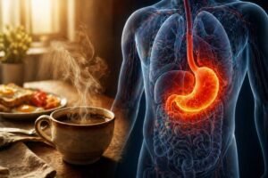 A steaming cup of black coffee next to a 3D medical illustration highlighting a sensitive stomach lining, showing the effects of drinking coffee on an empty stomach.