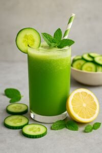 A tall glass of vibrant green smoothie garnished with cucumber and mint, perfect for detox drink recipes for gut health.