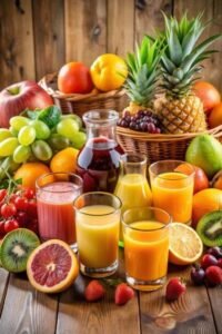 An assortment of fresh fruit juices in glasses and carafes on a wooden table, surrounded by whole fruits like pineapples, grapes, and citrus.
