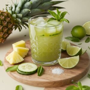 An iced pineapple and mint green beverage on a wooden board, showcasing one of the best gut health drink recipes for daily digestive support.