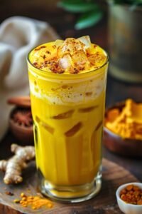 A tall glass of iced golden milk latte dusted with spices, serving as a soothing gut health drink recipe.