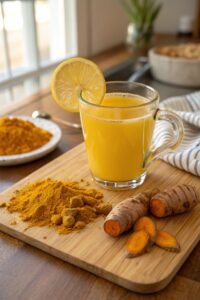 A glass mug of golden turmeric gut tonic garnished with a lemon slice, placed on a wooden board next to a pile of ground turmeric powder and fresh turmeric root slices.