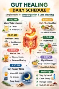 An infographic detailing a gut healing daily schedule with simple habits for better digestion, featuring morning lemon water, a high-fiber breakfast, and probiotic drinks.