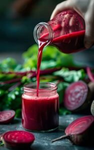 Vibrant red beet kvass being poured into a small glass jar, representing fresh homemade probiotic shots for gut health.