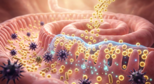 An illustration of a human intestine with a golden stream of good bacteria flowing in to balance and protect the gut microbiome.