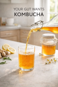 Fizzy kombucha being poured from a glass bottle into a tumbler, featuring text overlay that reads "Your gut wants kombucha."