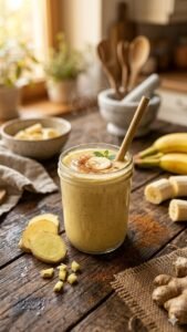 A glass jar filled with a thick banana ginger smoothie dusted with cinnamon, showing a healthy prebiotic morning drink for gut health.