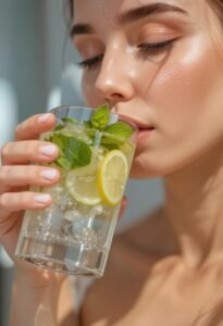 A close-up of a woman drinking a refreshing glass of infused water with fresh lemon slices and mint leaves.