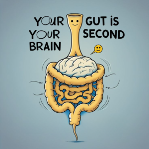 An illustration of a human digestive system cradling a brain inside the intestines to represent the gut-brain axis, featuring the text "Your gut is your second brain."