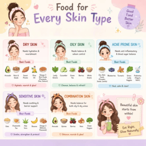 A colorful, illustrated infographic showing dietary recommendations for five different skin concerns—dry, oily, acne-prone, sensitive, and combination skin—featuring cartoon characters and icons of recommended healthy foods.