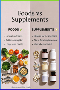 A split-screen comparison infographic contrasting whole, natural foods like vegetables, nuts, and fish against dietary supplement bottles and capsules.