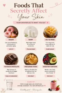 A light pink infographic highlighting everyday foods that can negatively impact a clear complexion, such as sugar, dairy, and fried foods, contrasted with a few skin-friendly alternatives.