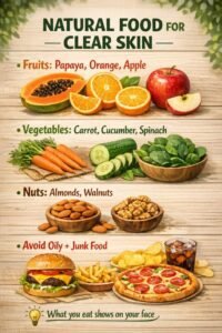 A wooden-textured summary infographic showcasing whole foods like fresh papaya, carrots, and almonds to include in your diet, contrasted with greasy burgers and pizza to avoid.