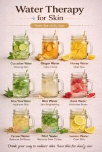 An infographic featuring nine glass mason jars filled with different types of infused waters, each labeled with its specific benefit for a radiant complexion.