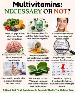 A clean infographic exploring whether multivitamins are necessary for health and a clear complexion, comparing nutrient gaps with the power of a balanced diet.