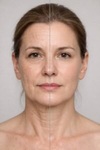 A split-face comparison photo of a woman showing more pronounced wrinkles and sagging texture on the left side compared to a smoother, firmer appearance on the right side.