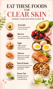 A visual guide showing six healthy foods with brief text explanations of their skin benefits, including images of avocado, fresh berries, boiled eggs, grilled salmon, mixed nuts, and a cup of green tea.