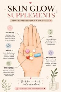 A clean infographic showing a hand holding colorful daily supplements like vitamin C, zinc, and omega-3 to support a smooth, healthy complexion.