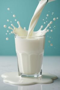 A crisp photo of fresh milk splashing dynamically into a clear glass against a smooth light blue background.
