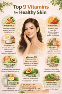 An infographic showing a smiling woman with clear skin surrounded by descriptions of nine essential vitamins for skin health, including illustrations of healthy foods and skincare supplements.