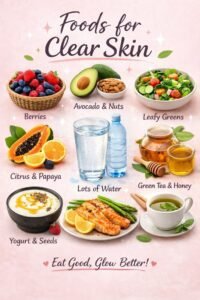 A pink infographic displaying healthy meals and ingredients like berries, avocado, salad, fish, water, and green tea to promote a glowing complexion.