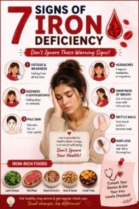 An educational infographic displaying seven common signs of low iron levels, such as dull skin and fatigue, alongside everyday foods like spinach, lentils, and nuts.