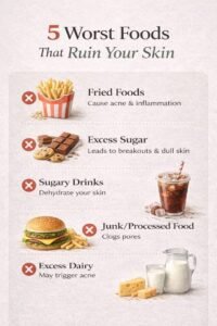 A clean infographic listing five worst foods that ruin your skin, highlighting fried foods, excess sugar, sugary drinks, junk or processed foods, and excess dairy.