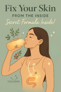 An elegant illustration of a woman drinking a glowing wellness beverage, showing how internal gut health directly influences outer radiance and collagen levels.