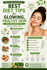 A comprehensive infographic summarizing dietary habits for radiant skin next to a photo of a smiling woman with a clear complexion. The graphic lists core habits like drinking water, eating fruits and vegetables, including healthy fats, and avoiding junk food, alongside lifestyle tips for sleep and consistency.