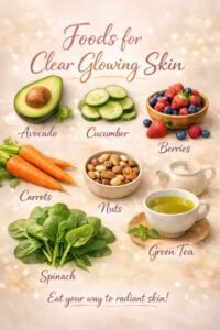 A warm, sparkling infographic summarizing healthy food options like avocado, berries, spinach, and green tea to help maintain a clear and bright complexion.