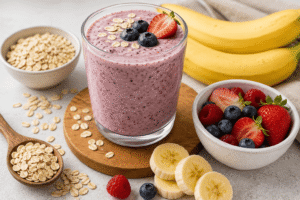 Banana oat smoothie with berries in a glass.