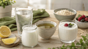 Water, kefir, green tea and yogurt drink for gut health
