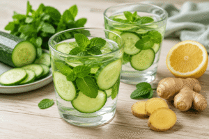 Cucumber mint water with fresh lemon and ginger.