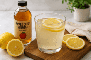 Diluted apple cider vinegar drink with lemon.