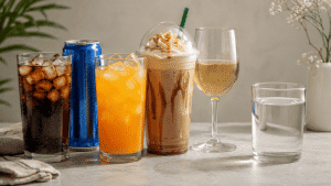 Sugary soda, energy drink, fruit drink, sweet coffee and alcohol