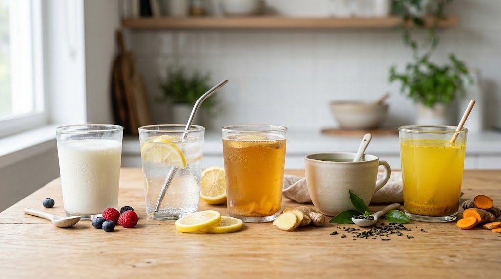A natural editorial spread featuring five nourishing gut health drinks and fresh garnishes.