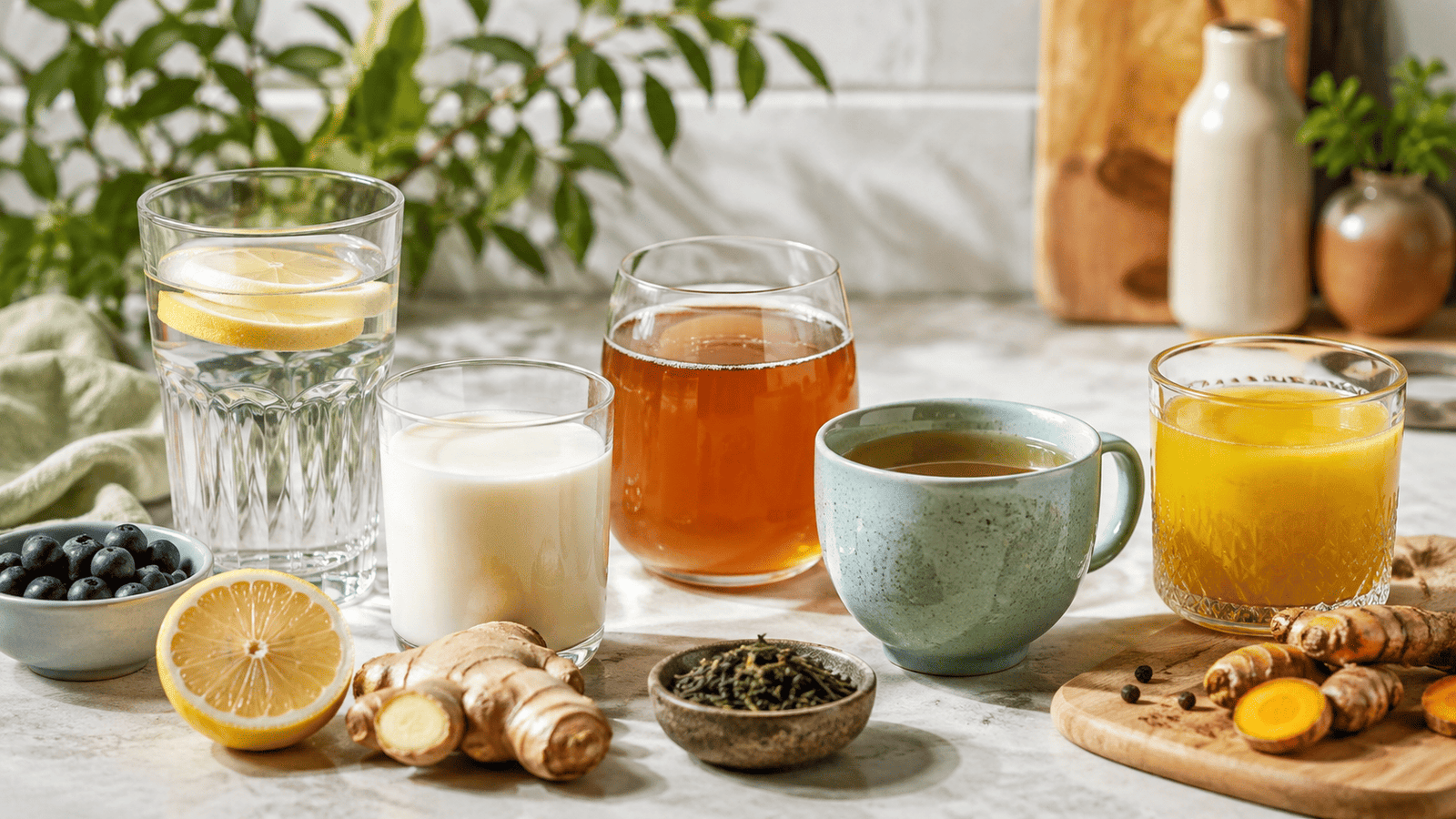 Healthy morning drinks for gut health including water, kefir and green tea
