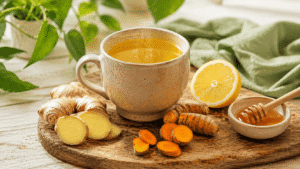Homemade ginger and turmeric drink with lemon and honey