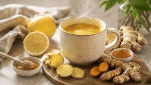 Homemade ginger turmeric drink with lemon and honey