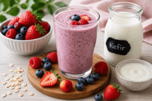 Creamy kefir berry drink with fresh berries.