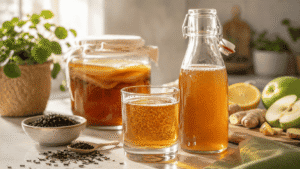 Kombucha tea with fresh fruit and fermentation ingredients