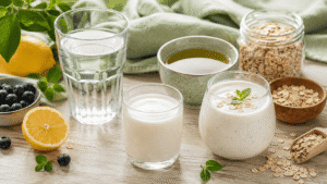 Simple morning drinks for gut health including water, kefir, green tea, and a yogurt-based drink